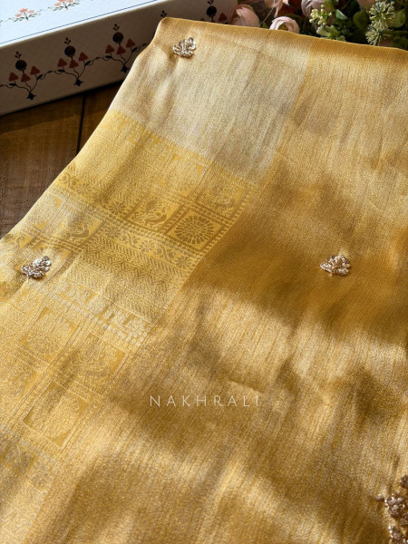Mirev Gold Zari Weaved Saree with Beads Sequin Embroidery