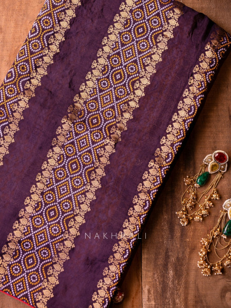 Pravahini Purple Bandhani Saree with Sequin, Cut Dana & Mirror Work Readymade Blouse