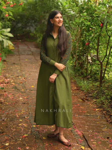 Sahir Green Cotton Button-Down Dress