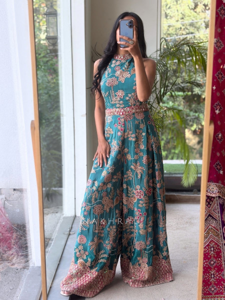 Ishvani Teal Blue Chanderi Silk Indo-Western Jumpsuit