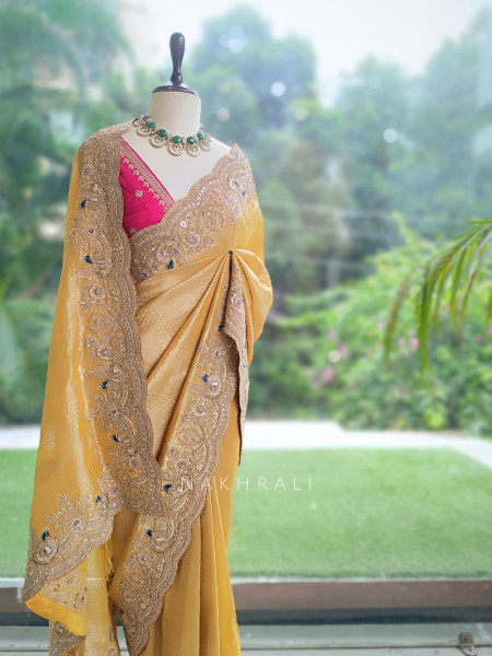 Tanisha Mustard Saree with Zari, Sequin and Beads Work