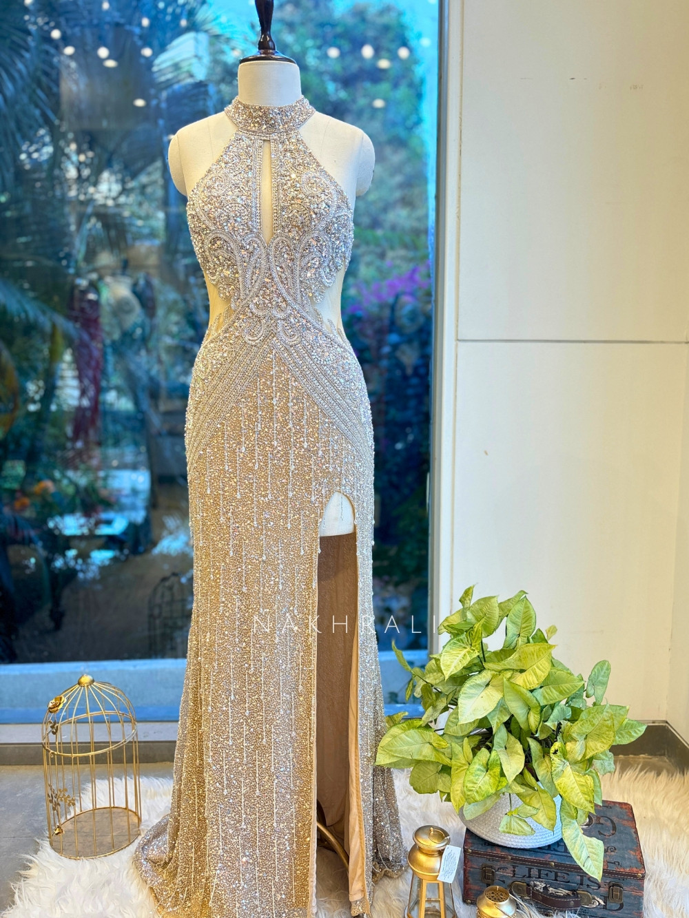 Golden Net Gown with Sequin and Cut Dana Work Golden Net Gown with Sequin and Cut Dana Work