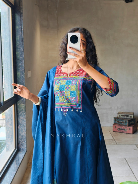 Zerith Solid Navy Blue Kurta Pant Set with Phulkari Embroidered Yoke