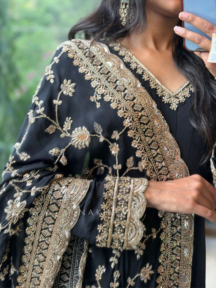 Image of Inayat Onyx Black Premium Faux Georgette Anarkali Suit Set