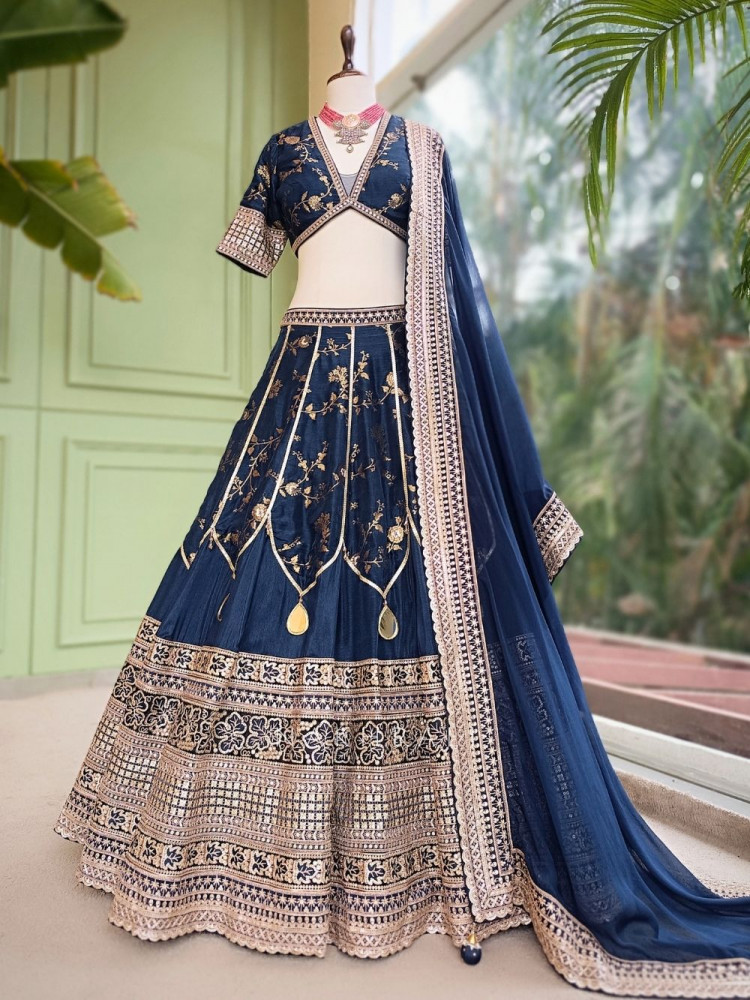 Image of Orvian Navy Blue Lehenga Set with Floral Weave Sequin Border Work