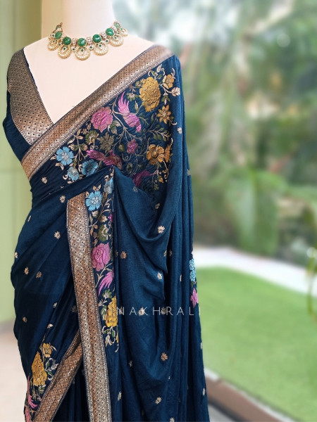 Gul-e-Rangat Blue Viscose Georgette Saree With Kashmiri Aari Floral Embroidery