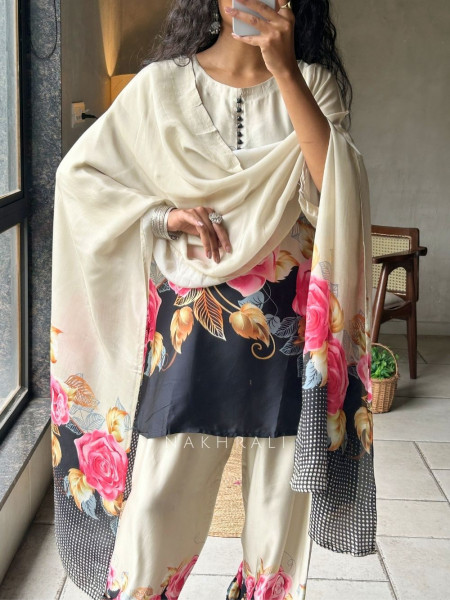 Nivelle Beige Satin Farsi Suit Set With Floral Print
