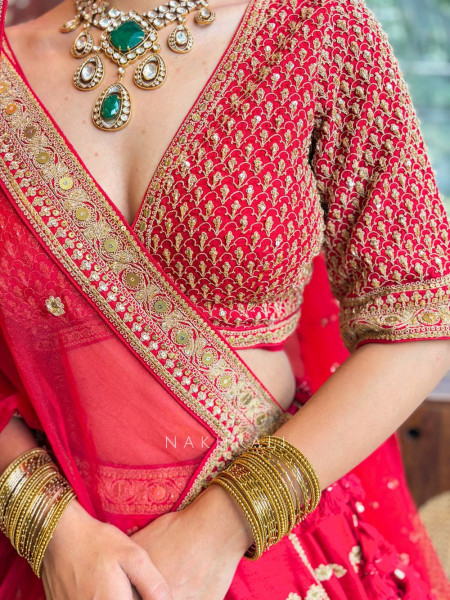 Saanvika Red Silk Bridal Lehenga with Zari Sequin Work