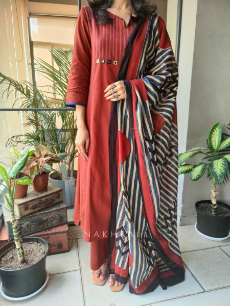 Kaira Maroon Cotton Suit Set with Printed Dupatta