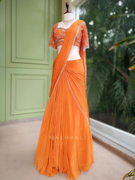 Aarini Orange Embroidered Drape Skirt Set