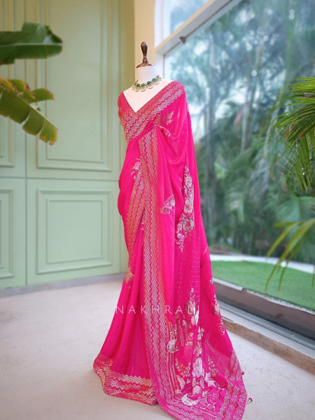 Vionika Plum Magenta Chiffon-Crepe Saree With Chevron Zari Border & Floral Embroidery