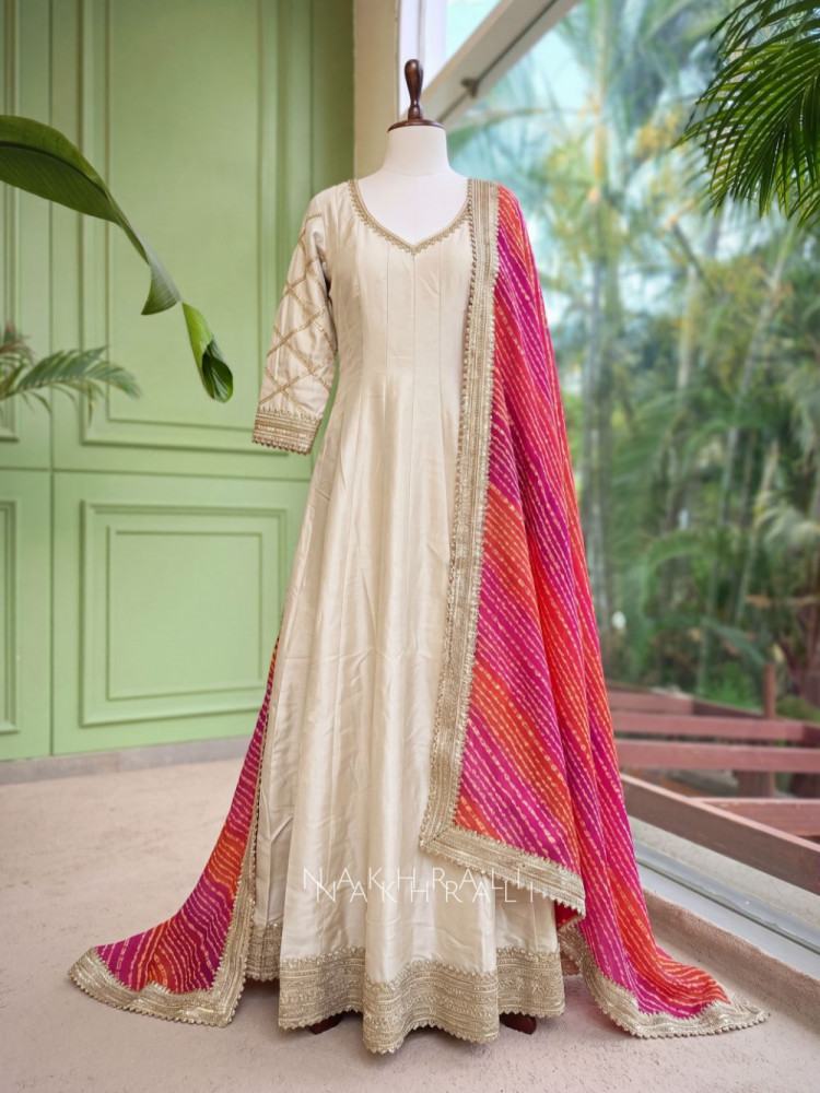 Image of Malhar Cream Anarkali and Sunrise Bandhani Set
