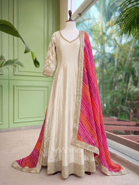 Malhar Cream Anarkali and Sunrise Bandhani Set