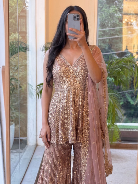 Sorbet Dusty Pink Net Peplum Sharara Set with Crystal