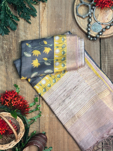 Chitrawali Charcoal Grey Tussar Silk Saree with Pichwai Art