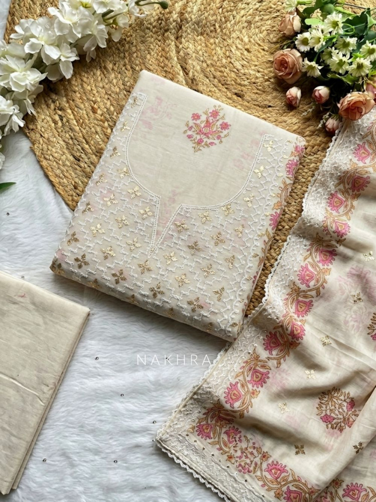 Image of Maristelle Cream Floral Printed Dress Material with Embroidered Yoke