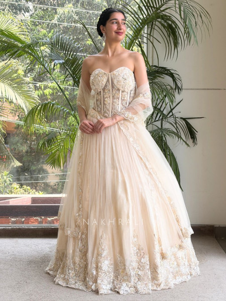Cazelle Off White Net Indo Western Lehenga with Beads and Sequin Work
