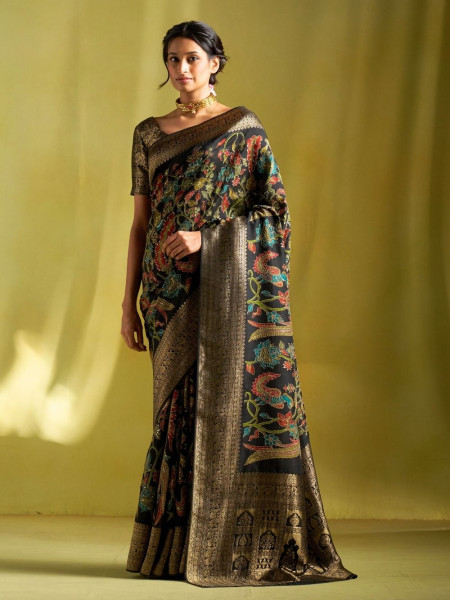 Noor-E-Naaz Black Dola Silk Saree with Banarasi Weave