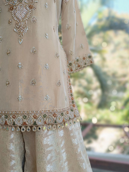 Swarnak Beige Suit Set with Zari Embroidery Work