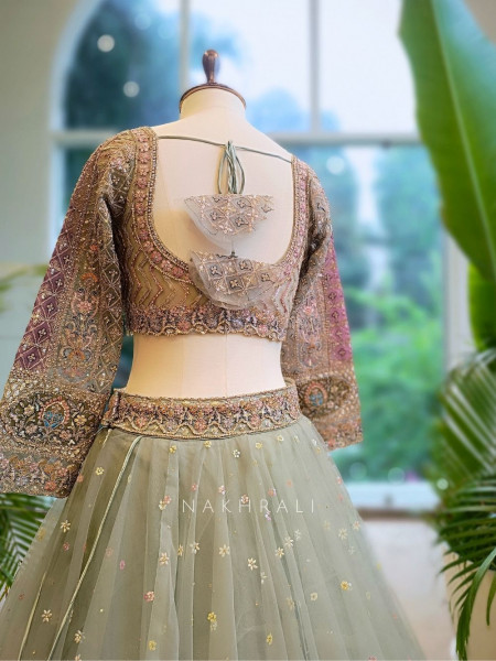 Emerald Grace Sea Green Net Lehenga with Embroidery & Zari Work