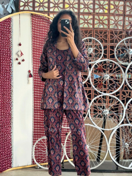 Aarunya Blue Cotton Coat Pant Set with Ethnic Print