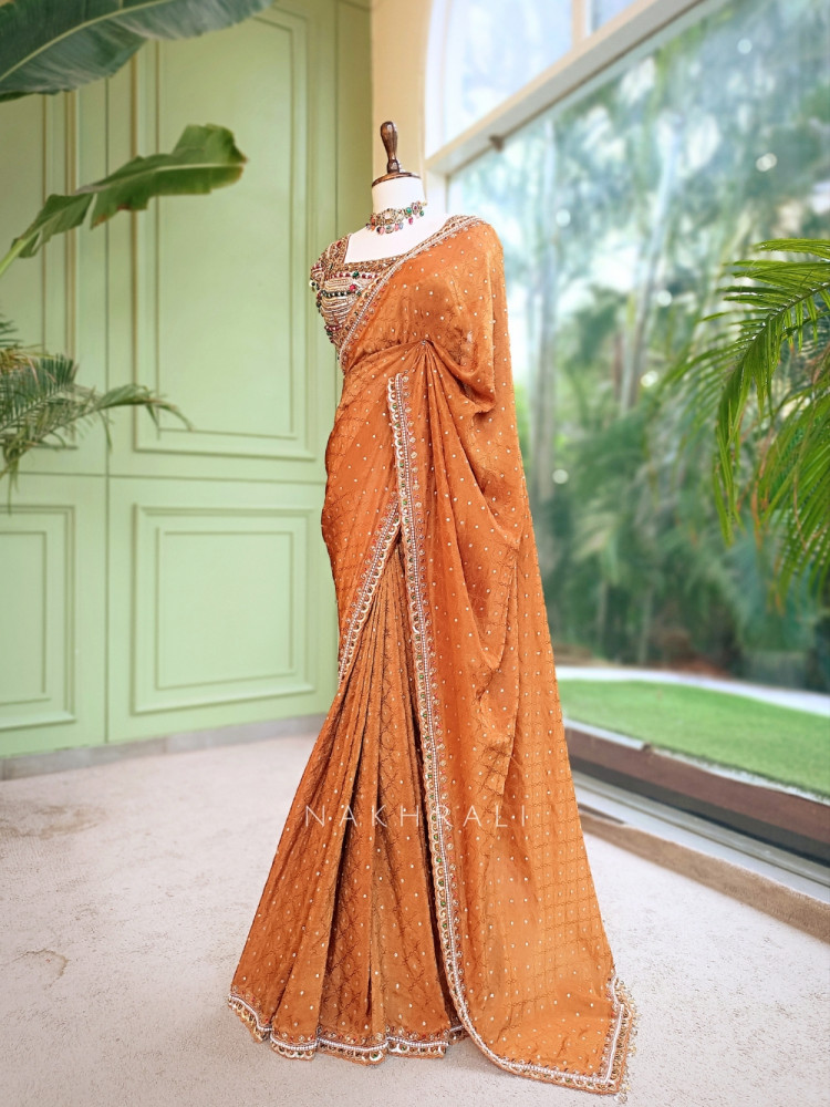 Image of Kundankaari Brown Crushed Chinon Saree