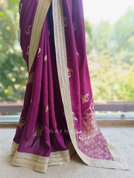 Tavira Wine Saree with Broad Border and Unstitched Blouse Piece
