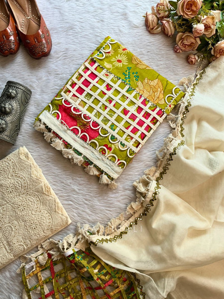 Phulwari Green Multicolor Cotton Dress Material with Net Detail