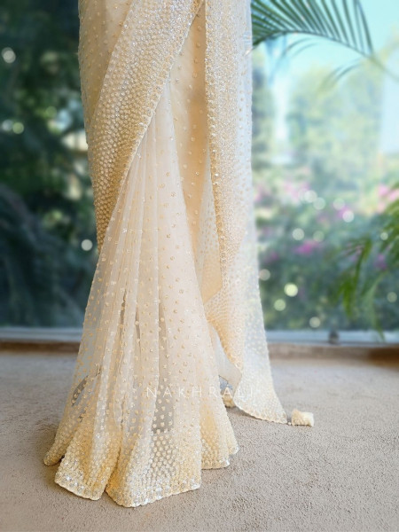 Chandelier Cream Net Saree with Sequin and Cut Dana Blouse