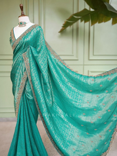Tarangini Firozi Banarasi Tissue Georgette Saree with Scalloped Zardozi Border