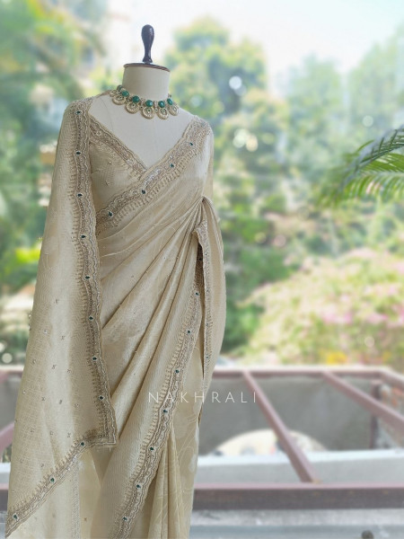 Pravika Cream Organza Silk Blend Saree with Scalloped Zardozi Border
