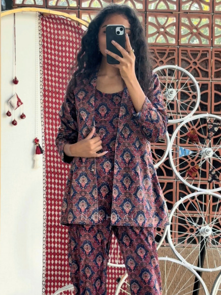 Aarunya Blue Cotton Coat Pant Set with Ethnic Print