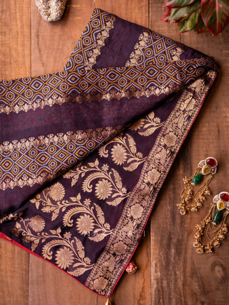 Pravahini Purple Bandhani Saree with Sequin, Cut Dana & Mirror Work Readymade Blouse
