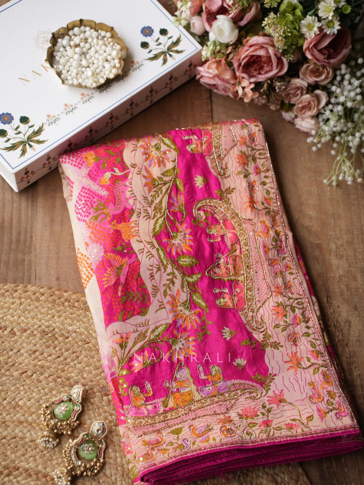 Image of Heritage Bloom Magenta Gaji Silk Saree With Bandhani, Marodi &amp; Gota Work