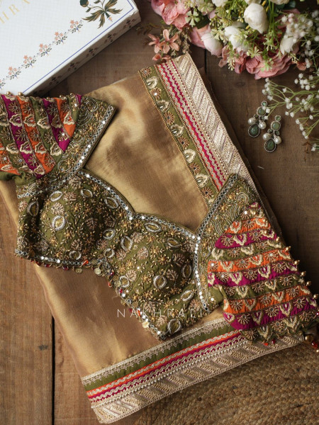Kairi Mehendi Green Saree with Zari And Mirror Work