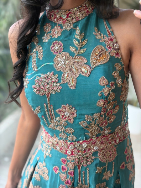 Ishvani Teal Blue Chanderi Silk Indo-Western Jumpsuit