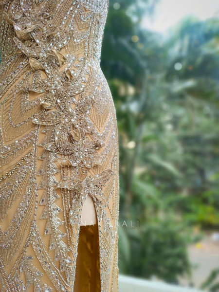 Opal Dawn Golden Gown with Stone, Sequin & Cut Dana Work