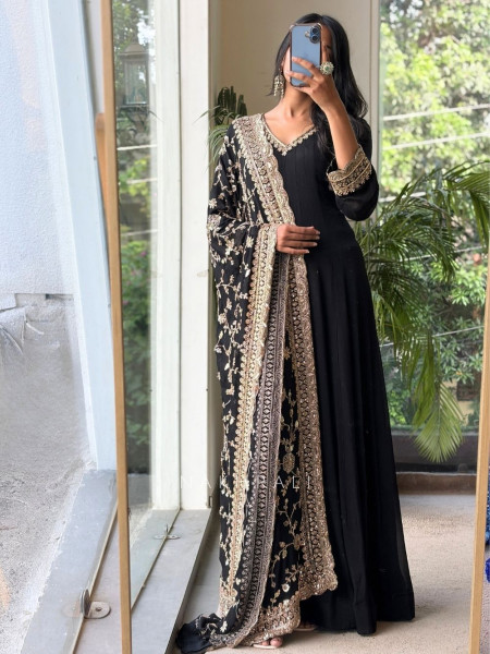 Inayat Onyx Black Premium Faux Georgette Anarkali Suit Set
