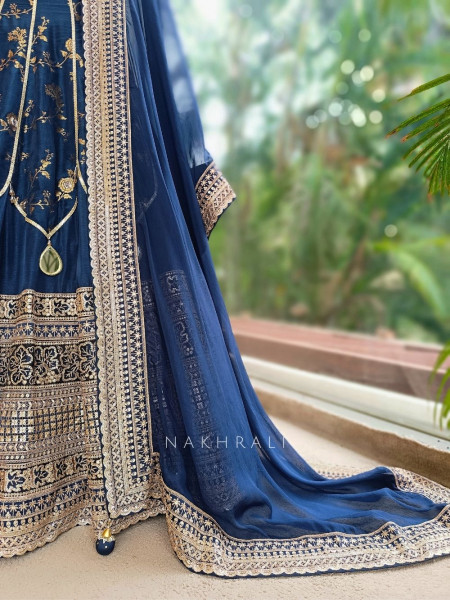 Orvian Navy Blue Lehenga Set with Floral Weave Sequin Border Work