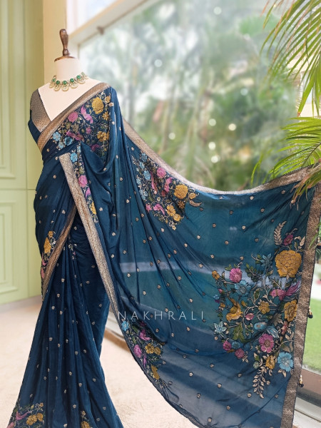 Gul-e-Rangat Blue Viscose Georgette Saree With Kashmiri Aari Floral Embroidery