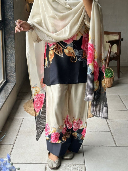 Nivelle Beige Satin Farsi Suit Set With Floral Print