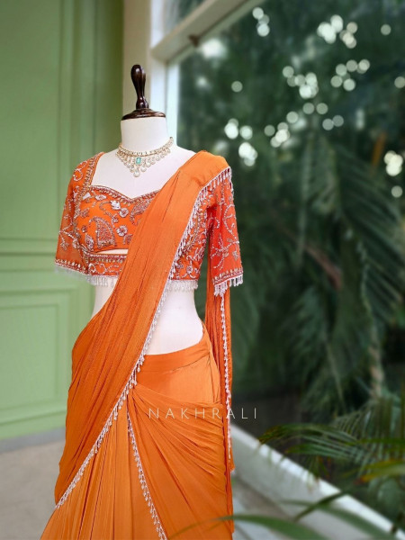 Aarini Orange Embroidered Drape Skirt Set