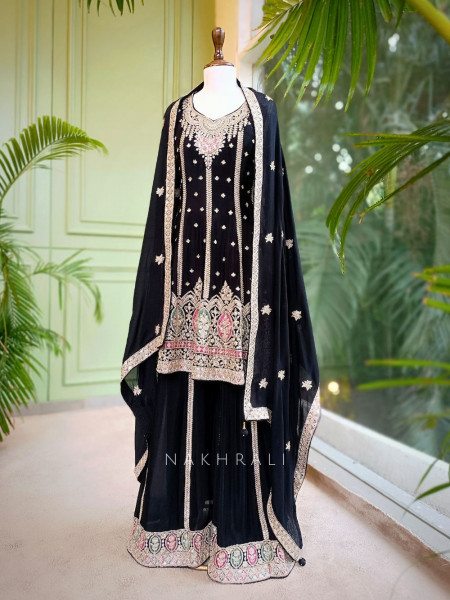 Kiara Black Zari Sequin Embroidered Kurta Palazzo Set with Dupatta