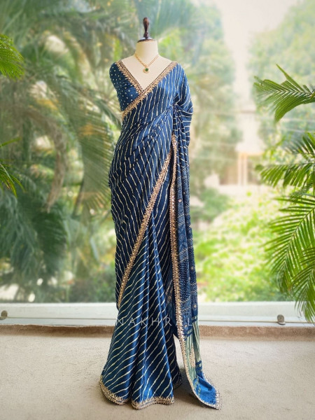 Gulnaar Blue Saree with Zari Bandhej Work