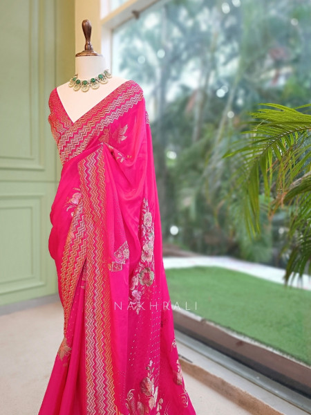 Vionika Plum Magenta Chiffon-Crepe Saree With Chevron Zari Border & Floral Embroidery