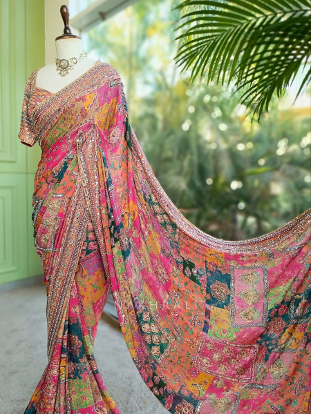 Rangvilasa Multicolor Mirror Embroidered Saree with Readymade Blouse