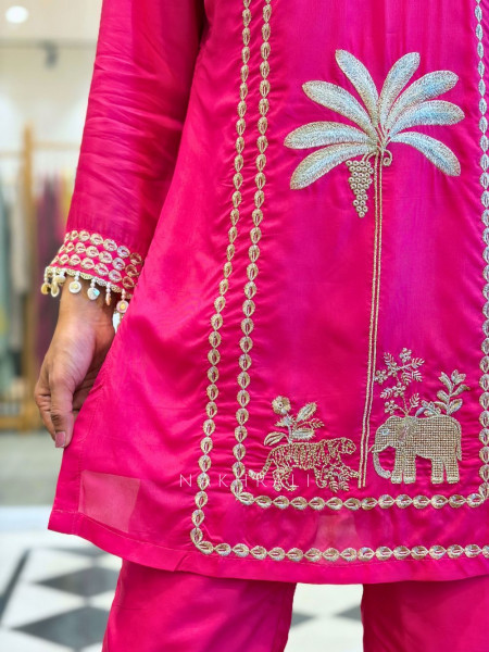 Rivka Magenta Silk Kurta Pant Set with Embroidery Tassel Work