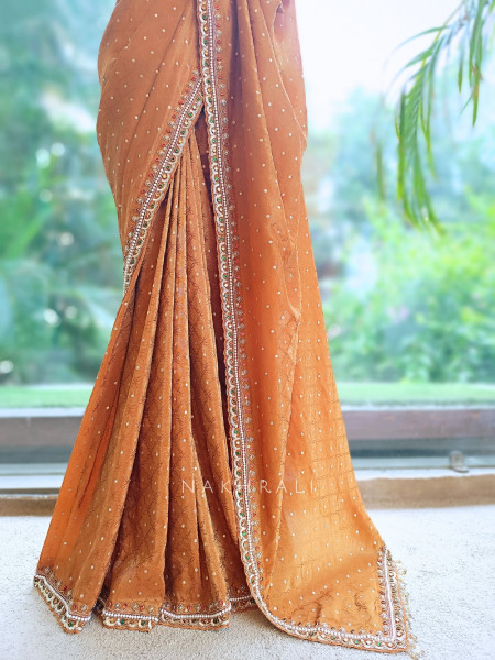 Kundankaari Brown Crushed Chinon Saree