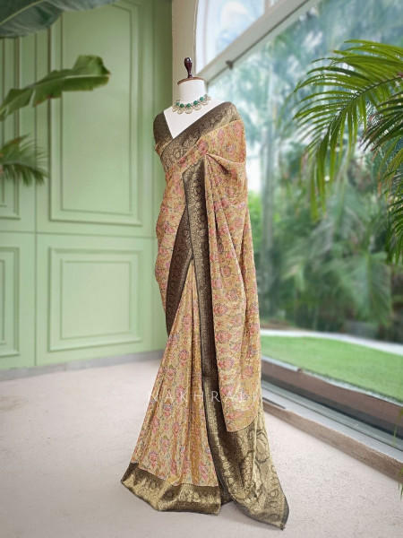 Pushkalini Pista Green Banarasi Georgette Saree