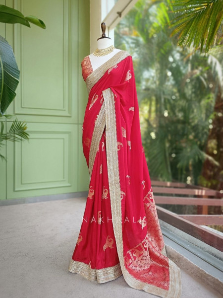 Tavira Maroon Saree with Broad Border and Unstitched Blouse Piece